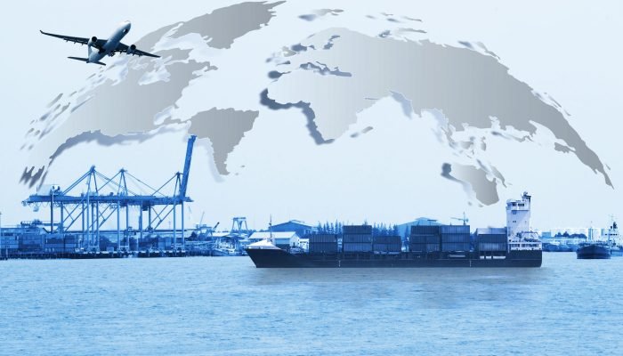 Transportation, import-export and logistics concept, container truck, ship in port and freight cargo plane in transport and import-export commercial logistic, shipping business industry